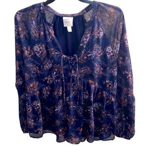 KNOX Rose Long Sheer Sleeve Boho Flowy Lace Up Navy Blue Peasant Blouse Top L